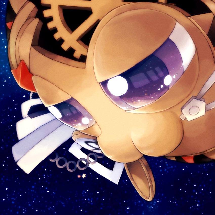 :3 compass_(instrument) galactic_nova gears highres hyaku_(momongamomomo) kirby kirby_(series) kirby_super_star no_humans pocket_watch purple_eyes size_difference space star_(sky) warp_star watch