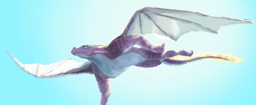 absurd_res anthro blonde_mane digital_media_(artwork) dragon flying hi_res laggron male mane mythological_creature mythological_scalie mythology nous purple_body purple_scales scales scalie simple_background sky solo spread_wings wings