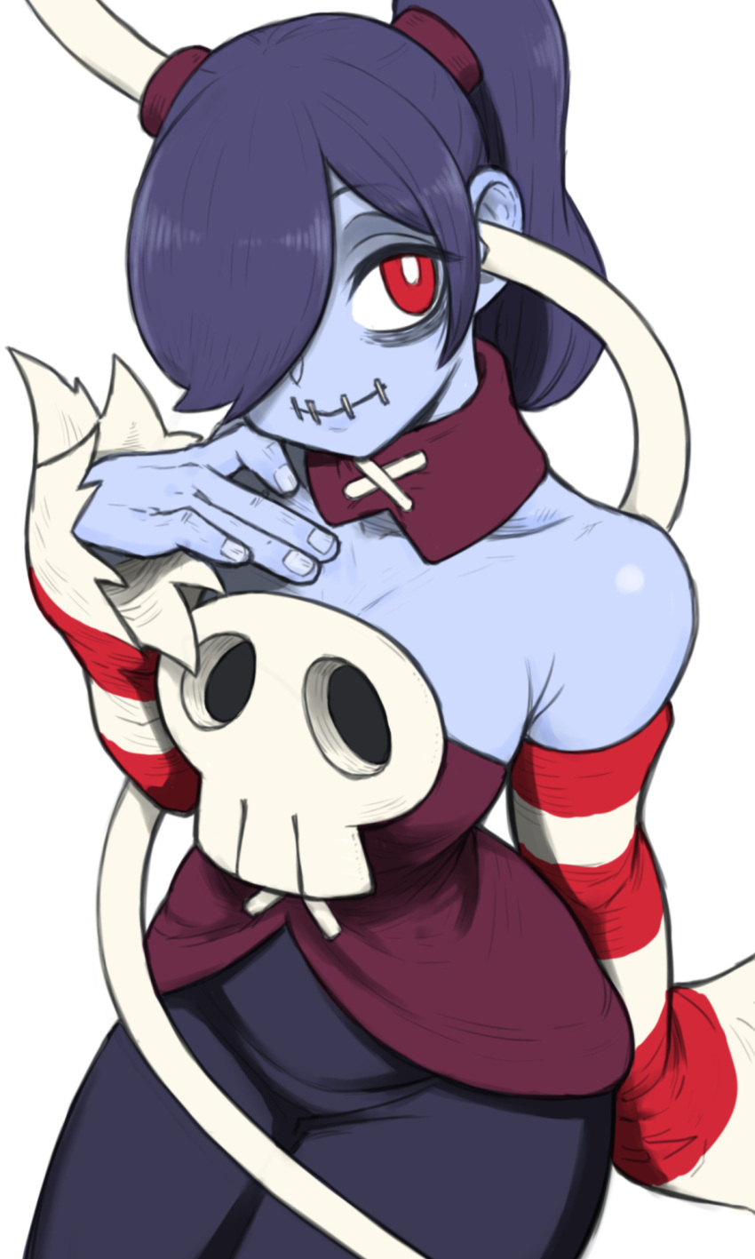 1girl bags_under_eyes bare_shoulders black_skirt blue_hair blue_skin breasts closed_mouth collar colored_skin commentary detached_collar detached_sleeves dress fingernails hair_over_one_eye hand_on_own_chest highres leviathan_(skullgirls) long_hair looking_at_viewer medium_breasts object_through_head red_collar red_dress red_eyes red_sleeves side_ponytail simple_background skirt skull skullgirls smile solo squigly_(skullgirls) stitched_mouth stitches striped_clothes striped_sleeves toshinoshin white_background white_sleeves zombie