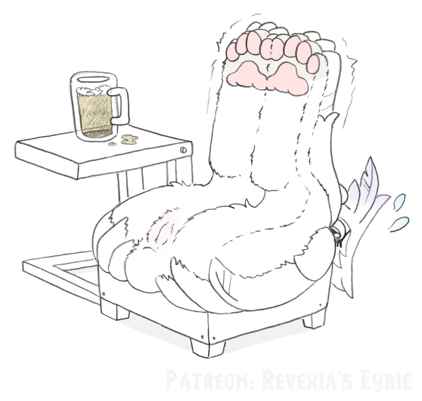 after_transformation alcohol animate_inanimate avian beer beer_mug beverage bodily_fluids chair female feral friendship_is_magic furniture furniture_transformation genitals gilda_(mlp) gryphon hasbro hi_res hindpaw icaron lying motion_lines my_little_pony mythological_avian mythological_creature mythology objectification on_back partially_colored patreon_username pawpads paws permanent_transformation pink_pawpads pussy simple_background sketch solo sweat sweatdrop table transformation watermark