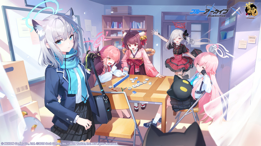 5girls absurdres animal_ears artist_request aru_(blue_archive) bell black_gloves blazer blue_archive book bookshelf box cardboard_box cat_ears cat_girl chair closed_eyes cross_hair_ornament fingerless_gloves fur_trim gloves grey_hair hair_bell hair_ornament halo highres horns hoshino_(blue_archive) ichihime index_finger_raised indoors jacket japanese_clothes long_hair long_sleeves looking_at_viewer mahjong mahjong_soul mahjong_tile mismatched_pupils multiple_girls mutsuki_(blue_archive) official_art one_eye_closed open_mouth peroro_(blue_archive) pink_hair pleated_skirt red_eyes scarf school_uniform shiroko_(blue_archive) shirt side_ponytail single_glove sitting skirt stuffed_toy table very_long_hair white_shirt