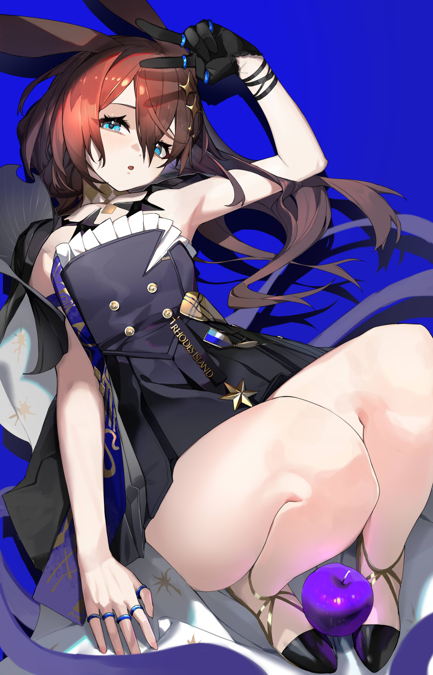 1girl :o absurdres ambience_synesthesia amiya_(arknights) animal_ears apple arknights arm_up black_dress black_footwear black_gloves blue_background blue_eyes brown_hair cape commentary cool_est dress food fruit full_body gloves highres jewelry legs long_hair looking_at_viewer multiple_rings official_alternate_costume open_mouth rabbit_ears rabbit_girl ring shoes single_glove sleeveless sleeveless_dress solo thighs v