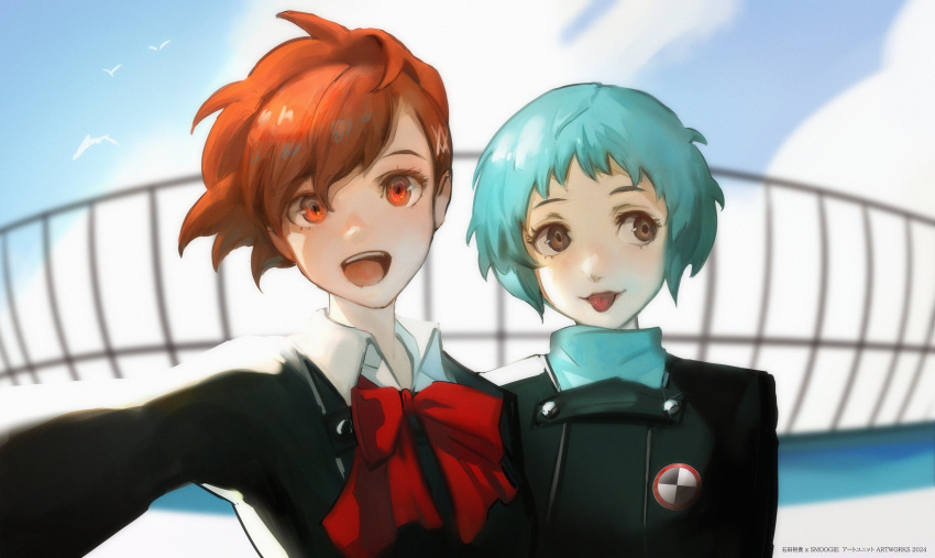 2girls absurdres aqua_hair bird black_jacket blue_sky bow bowtie brown_hair cloud cloudy_sky collared_shirt commentary english_commentary gekkoukan_high_school_uniform grey_eyes hair_between_eyes hair_ornament hairclip high_ponytail highres jacket long_hair long_sleeves looking_at_viewer looking_to_the_side multiple_girls open_mouth outdoors persona persona_3 persona_3_portable red_bow red_bowtie red_eyes school_uniform shiomi_kotone shirt short_hair sky smoogiearts teeth tongue tongue_out turtleneck upper_body upper_teeth_only white_shirt yamagishi_fuuka