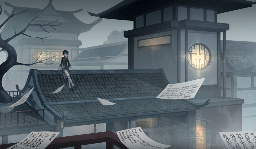 1boy architecture bare_tree black_shorts blue_coat blue_hair blunt_bangs boots building chinese_clothes coat commentary east_asian_architecture english_commentary flying_paper fog frilled_sleeves frills genshin_impact gold_trim highres house knee_boots lattice long_sleeves night night_sky on_roof outdoors paper parted_bangs railing round_window scenery short_hair short_shorts shorts sidelocks sign sitting sitting_on_roof sky solo someaka tree white_footwear window xingqiu_(genshin_impact) yellow_eyes