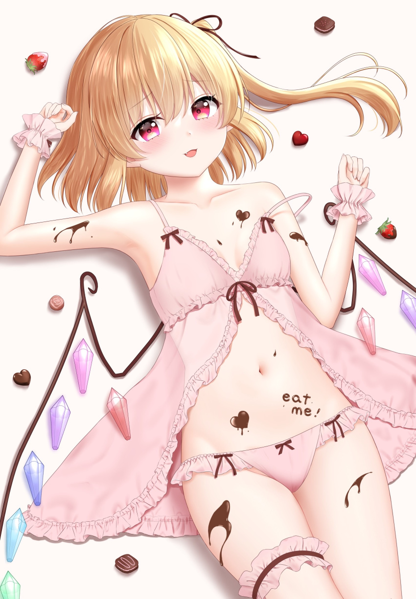 1girl absurdres babydoll blonde_hair breasts candy chocolate chocolate_on_body cleavage commentary_request english_text flandre_scarlet food food_on_body heart heart-shaped_chocolate highres navel nyanyanoruru open_mouth panties pink_panties side_ponytail small_breasts solo stomach strap_slip touhou underwear valentine
