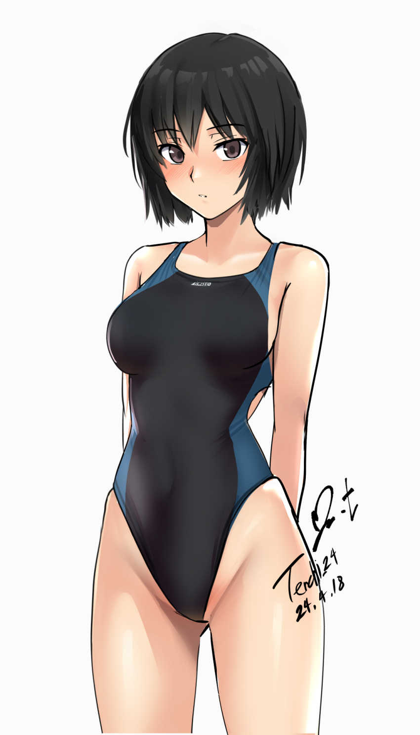 1girl amagami arms_behind_back ass_visible_through_thighs bare_shoulders black_hair black_one-piece_swimsuit blue_one-piece_swimsuit blush breasts brown_eyes closed_mouth commentary_request competition_swimsuit covered_navel cowboy_shot dated groin highleg highleg_swimsuit highres looking_at_viewer medium_breasts nanasaki_ai one-piece_swimsuit parted_lips revision short_hair signature simple_background solo swimsuit two-tone_swimsuit white_background yoo_tenchi