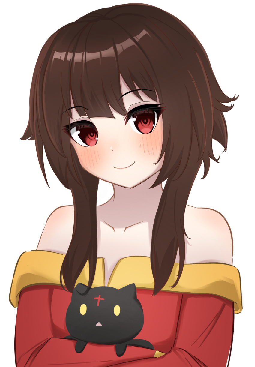 1girl brown_hair cat chomusuke disfiro03 dress highres kono_subarashii_sekai_ni_shukufuku_wo! looking_at_viewer megumin red_dress red_eyes short_hair_with_long_locks simple_background smile white_background