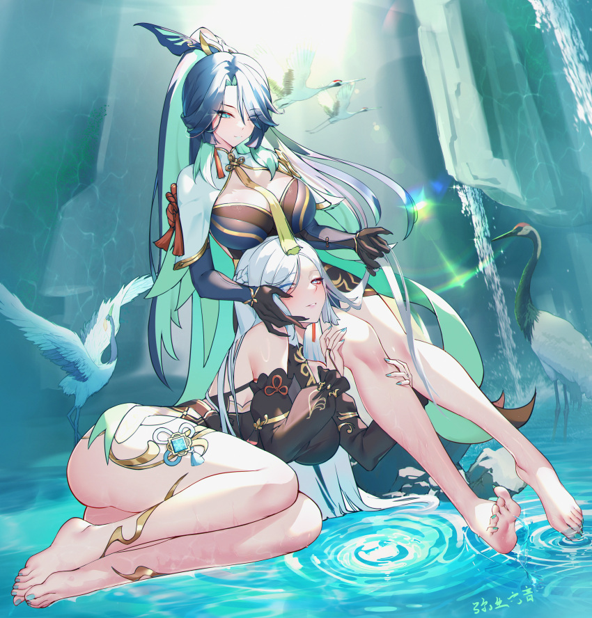 1girl absurdres aqua_eyes bare_shoulders barefoot black_dress black_hair blue_eyes blue_hair breasts colored_inner_hair detached_sleeves dress earrings genshin_impact glasses green_hair grey_hair hair_ornament hair_over_one_eye highres horns jewelry large_breasts long_hair long_sleeves looking_at_viewer misheng_liu_yin multicolored_hair multiple_girls official_alternate_costume shenhe_(frostflower_dew)_(genshin_impact) shenhe_(genshin_impact) sleeveless sleeveless_dress solo tassel thighs toes two-tone_hair very_long_hair xianyun_(genshin_impact)