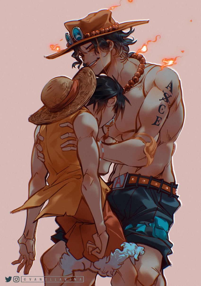 2boys arm_tattoo back belt black_hair black_shorts bracelet carrying carrying_person closed_eyes elbow_pads english_commentary fire freckles hat highres instagram_logo instagram_username jewelry male_focus monkey_d._luffy multiple_boys necklace one_piece orange_hat pearl_necklace portgas_d._ace shirt short_hair shorts simple_background single_elbow_pad sleeveless sleeveless_shirt smile straw_hat tattoo topless_male twitter_logo twitter_username vanxllavina