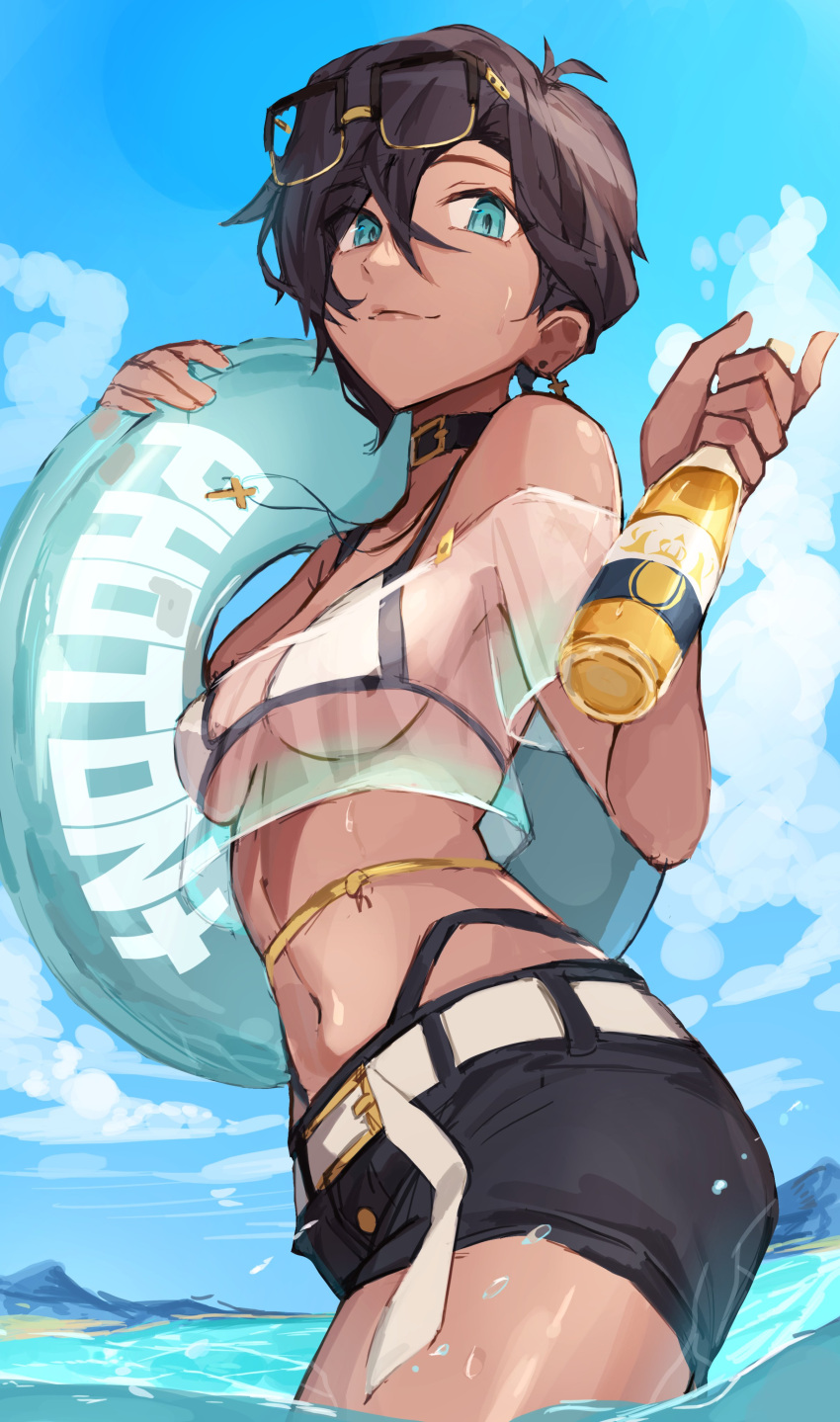 1girl absurdres alternate_skin_color beer_bottle belt bikini bikini_under_clothes black_shorts blue_eyes blue_sky borrowed_character bottle breasts brown_lips cloud commission cross cross_earrings dark-skinned_female dark_skin earrings english_commentary eyewear_on_head hair_between_eyes highres holding holding_bottle innertube jewelry linea_alba looking_at_viewer medium_breasts nasubin_(nasubisamurai15) navel ocean off_shoulder original second-party_source see-through see-through_shirt short_hair short_shorts shorts sky sol_(rollingroly) solo sunglasses swim_ring swimsuit tan underboob wading white_belt white_bikini