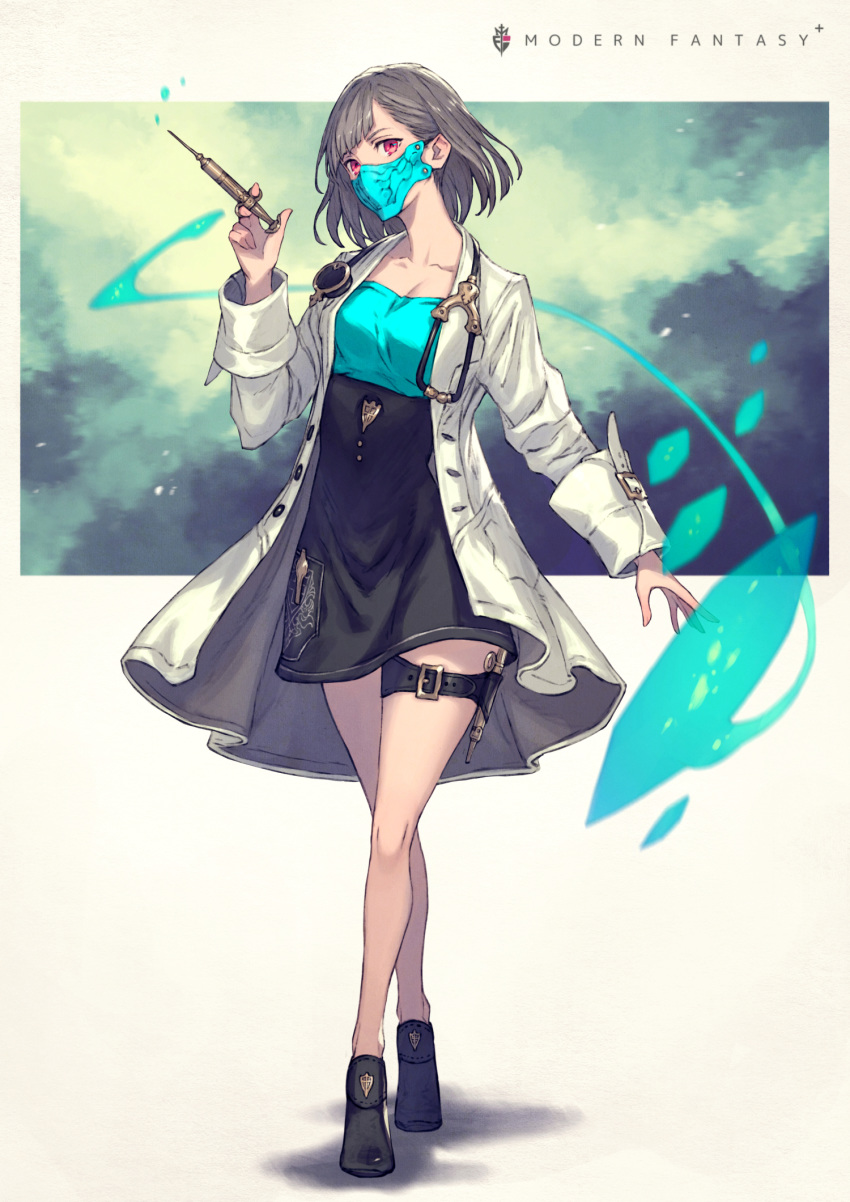 1girl bangs belt blush breasts closed_mouth coat collarbone doctor english_text full_body gradient_hair grey_hair highres holding holding_needle holding_syringe kusano_shinta labcoat light_smile long_sleeves looking_at_viewer mask multicolored_hair open_clothes open_coat original red_eyes shoes short_hair simple_background sleeve_cuffs smile solo squirting standing stethoscope symbol syringe