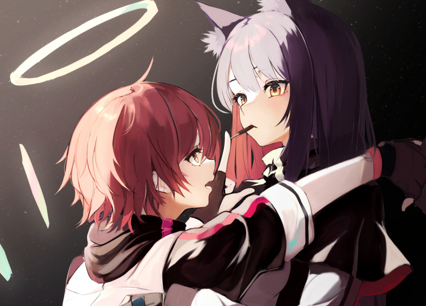 2girls animal_ear_fluff animal_ears arknights bangs black_background black_gloves black_hair brown_eyes close-up commentary exusiai_(arknights) eye_contact food food_in_mouth gloves gradient gradient_background grey_background grey_jacket halo highres holding holding_another homo_1121 jacket light_ray long_sleeves looking_at_another mouth_hold multicolored_hair multiple_girls open_mouth pocky profile raglan_sleeves red_hair shiny shiny_clothes shiny_hair shiny_skin short_hair short_sleeves texas_(arknights) white_jacket wolf_ears yuri