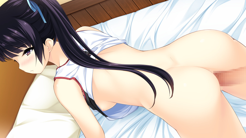 1girl all_fours ass bed black_eyes black_hair blue_ribbon bottomless breasts censored habane_kotori hair_ribbon highres imageboard_sample indoors jpeg_artifacts kono_oozora_ni_tsubasa_wo_hirogete medium_breasts mosaic_censoring nipples penis ribbon sex shirt_lift solo_focus twintails