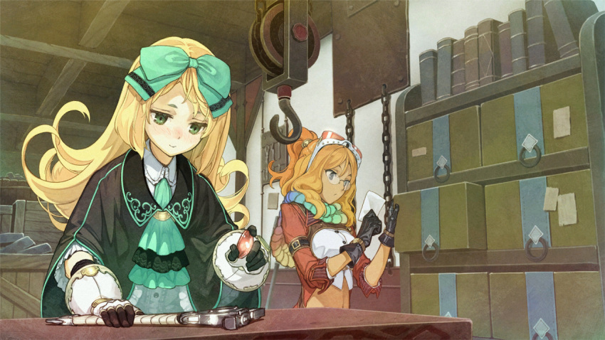 2girls atelier_(series) atelier_shallie bespectacled black_capelet black_gloves blonde_hair blush book bow box capelet closed_mouth cravat desk flipped_hair gem glasses gloves goggles goggles_on_head green_bow green_eyes green_neckwear hair_bow half_updo hidari_(left_side) indoors jurie_crotze long_hair miruca_crotze multicolored multicolored_clothes multicolored_scarf multiple_girls official_art orange_hair ponytail scarf shirt short_hair shrug_(clothing) siblings sisters smile tan upper_body white_gloves white_shirt