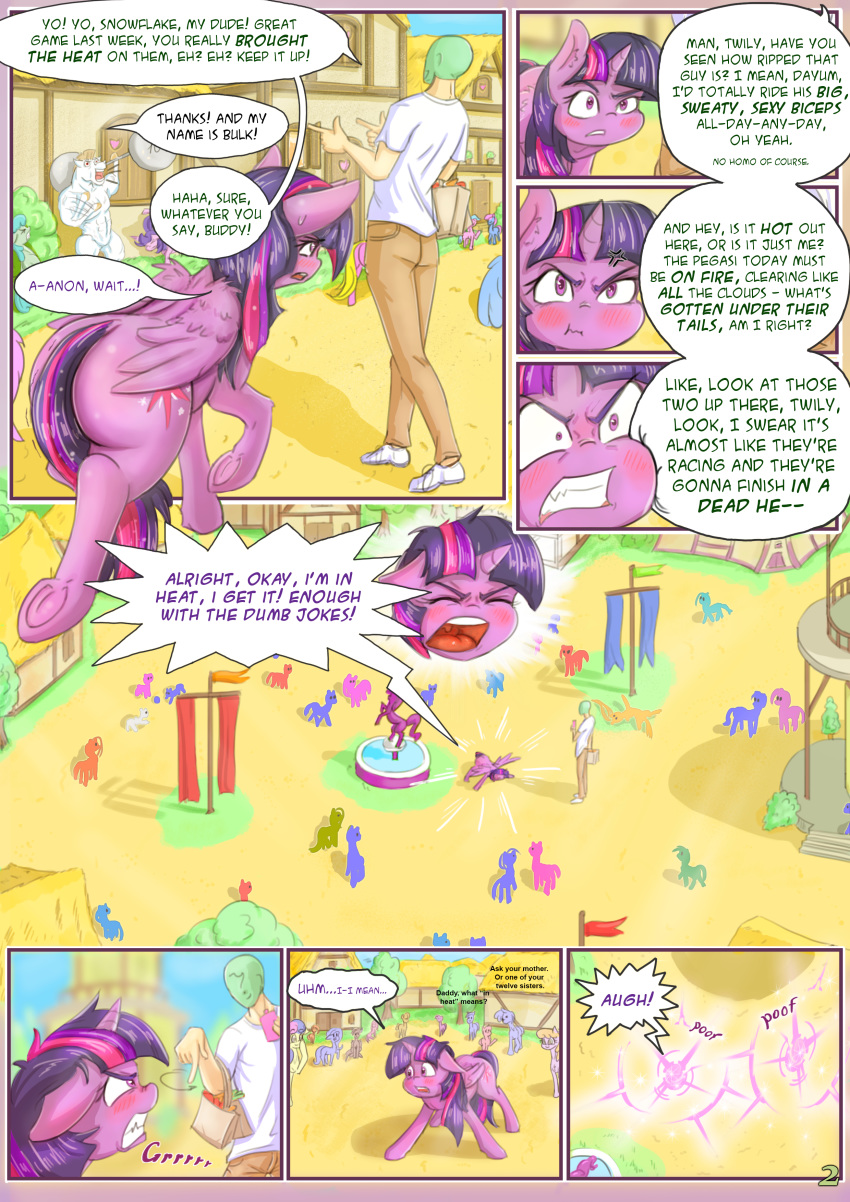 2017 absurd_res alcor90 ambiguous_gender angry anon blush bonbon_(mlp) bulk_biceps_(mlp) clothed clothing comic cutie_mark dialogue earth_pony embarrassed english_text equid equine eyes_closed feathered_wings feathers female feral footwear friendship_is_magic glowing group hair hi_res hooves horn horse human in_heat magic mammal my_little_pony open_mouth outside pony public shirt shoes standing text topwear tree twilight_sparkle_(mlp) underhoof winged_unicorn wings