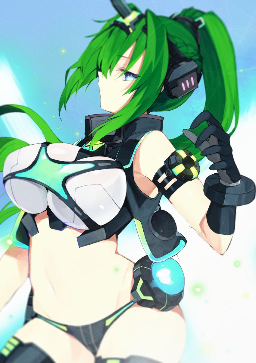 1girl absurdres arm_strap bare_shoulders black_gloves blancpig_yryr blue_eyes breasts crop_top from_side gloves green_hair green_heart headgear highres horn large_breasts long_hair navel neptune_(series) next_green ponytail power_symbol solo symbol-shaped_pupils thighhighs