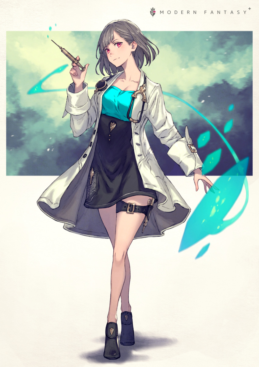 1girl bangs belt blush breasts closed_mouth coat collarbone doctor english_text full_body gradient_hair grey_hair highres holding holding_needle holding_syringe kusano_shinta labcoat light_smile long_sleeves looking_at_viewer multicolored_hair open_clothes open_coat original red_eyes shoes short_hair simple_background sleeve_cuffs smile solo squirting standing stethoscope symbol syringe