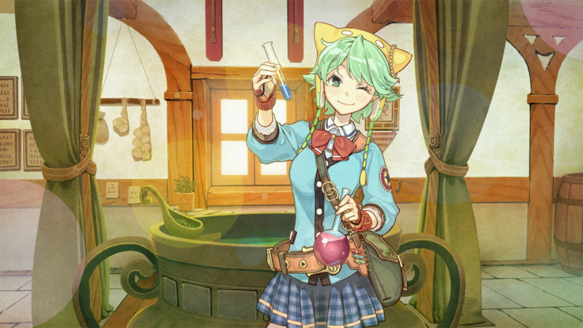 1girl atelier_(series) atelier_shallie bag barrel belt blue_shirt blue_skirt bow bowtie bright_pupils cauldron closed_mouth cowboy_shot curtains fingerless_gloves flask gloves green_bag green_eyes green_hair hidari_(left_side) holding holding_flask indoors looking_at_viewer official_art one_eye_closed plaid plaid_skirt pleated_skirt red_bow round-bottom_flask shallotte_elminus shirt short_hair skirt smile solo standing window yellow_headwear