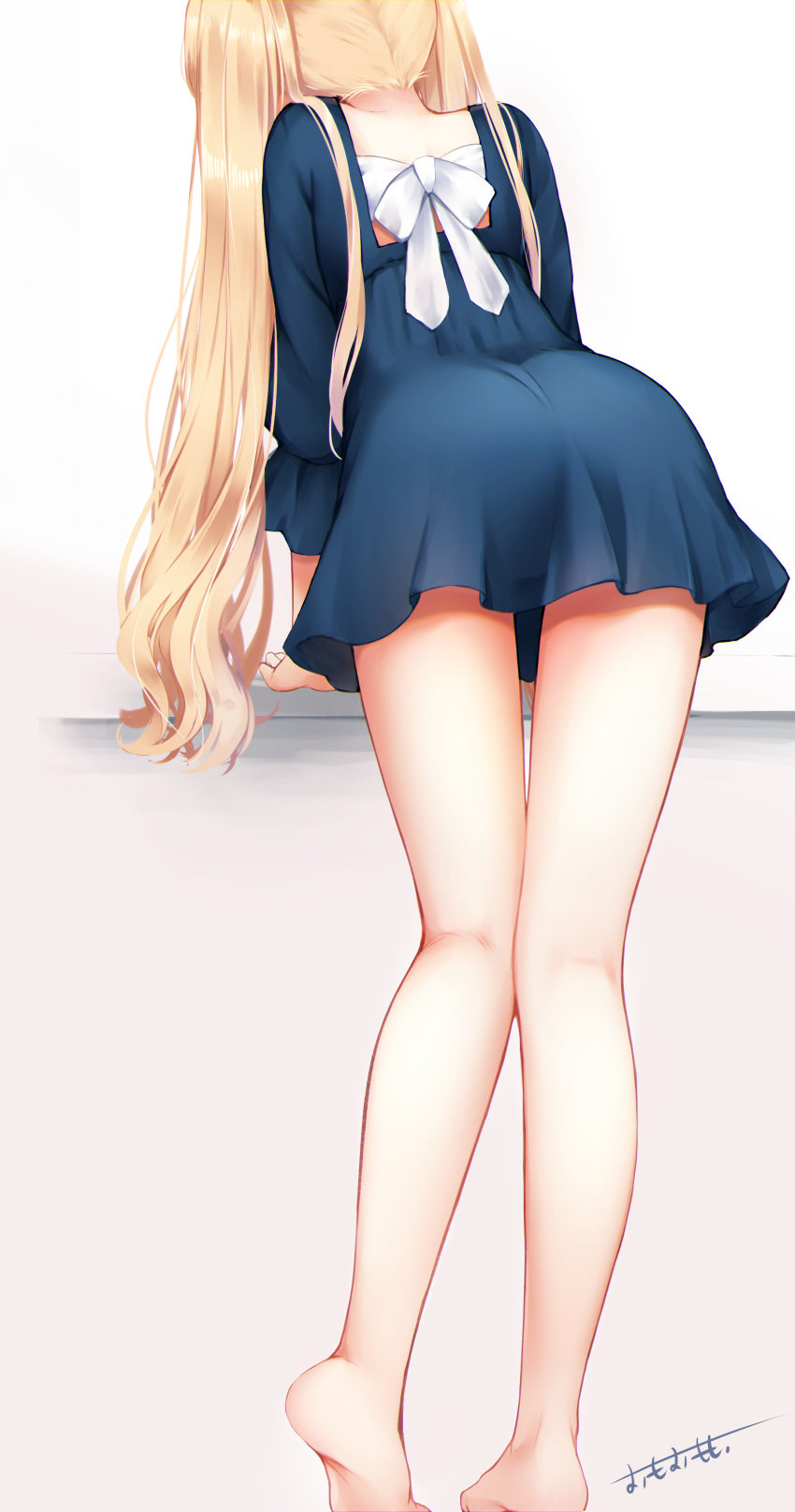 1girl absurdres arm_support ass bare_legs barefoot blonde_hair blue_dress dress facing_away from_behind highres leaning_forward long_hair long_sleeves omoomomo original ribbon short_dress solo standing thighs twintails white_ribbon