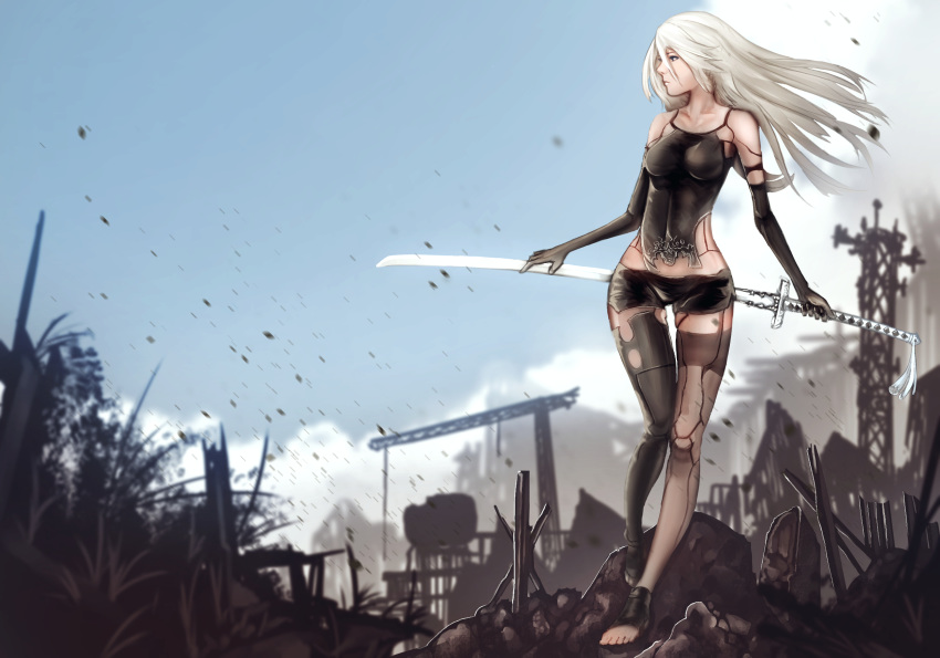 1girl android anonamos black_gloves black_shorts blue_sky breasts commentary_request completion_time day elbow_gloves full_body gloves highres holding holding_sword holding_weapon joints katana long_hair medium_breasts nier_(series) nier_automata post-apocalypse reverse_grip robot_joints short_shorts shorts sky solo sword sword_behind_back thigh_gap toes virtuous_contract walking weapon yorha_type_a_no._2