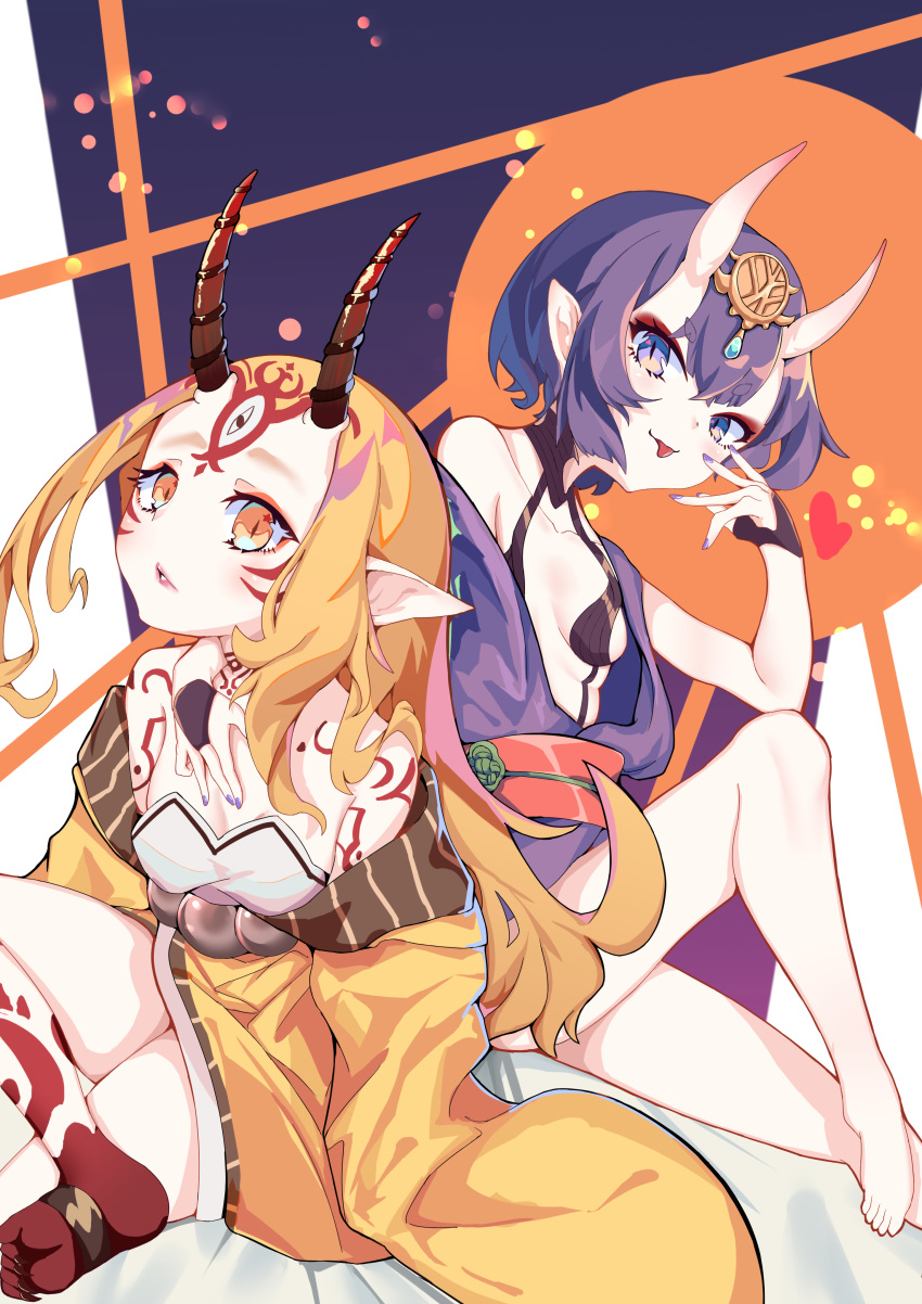 2girls absurdres bangs bare_shoulders barefoot beads blonde_hair bob_cut breasts bridal_gauntlets closed_mouth collarbone crossed_legs eyeliner facial_mark fate/grand_order fate_(series) feet forehead forehead_mark hair_pulled_back headpiece heart highres horns ibaraki_douji_(fate/grand_order) japanese_clothes kimono knee_up legs long_sleeves looking_at_viewer makeup multiple_girls obi off_shoulder oni oni_horns pointy_ears purple_eyes purple_hair purple_kimono revealing_clothes sash short_hair short_kimono shuten_douji_(fate/grand_order) skin-covered_horns small_breasts smile tattoo tongue tongue_out uesi_hibana wide_sleeves yellow_eyes yellow_kimono