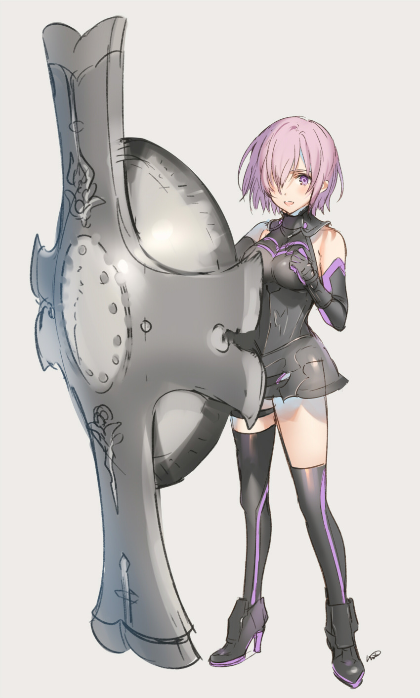 1girl armor armored_dress black_footwear blush breasts elbow_gloves fate_(series) full_body gloves grey_background hair_over_one_eye high_heels highres kippu lavender_hair looking_at_viewer mash_kyrielight medium_breasts mismatched_legwear open_mouth ortenaus purple_eyes shield short_hair simple_background solo standing