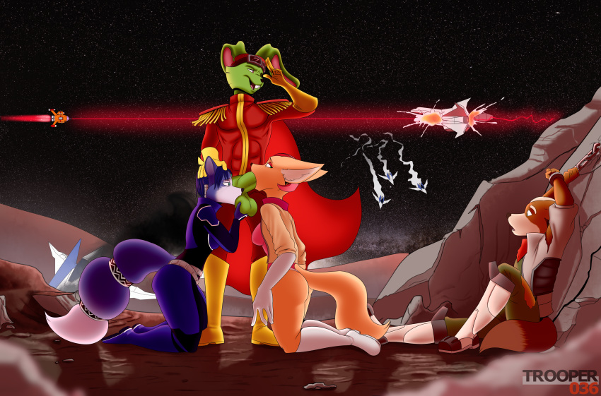 absurd_res balls breasts bucky_o'hare canid canine clothed clothing cuckold detailed_background digital_media_(artwork) fara_phoenix female fennec fox fox_mccloud fur genitals group hair hi_res kneeling krystal lagomorph leporid looking_at_another male male/female mammal nintendo oral penis space standing star_fox torn_clothing trio_focus trooper036 uniform video_games
