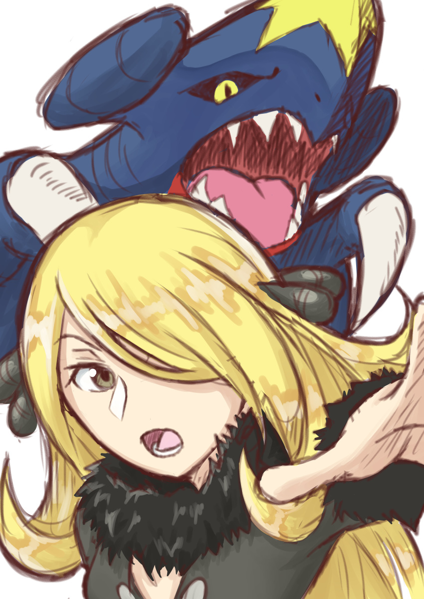 1girl absurdres blonde_hair commentary_request dragon fur_trim garchomp gen_4_pokemon grey_eyes hair_ornament hair_over_one_eye highres huge_filesize long_hair long_sleeves looking_to_the_side lower_teeth open_mouth outstretched_arm pokemon pokemon_(creature) pokemon_(game) pokemon_dppt shirona_(pokemon) simple_background sketch take-run-atelier teeth tongue upper_body white_background