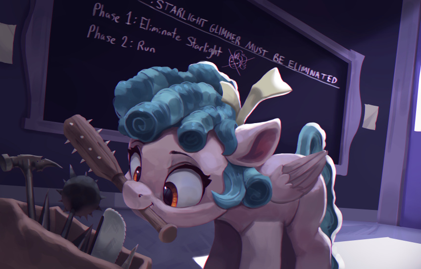 absurd_res chalkboard cozy_glow_(mlp) english_text equid equine female feral friendship_is_magic hammer hi_res inside mammal melee_weapon my_little_pony pegasus solo text tools vanillaghosties weapon wings