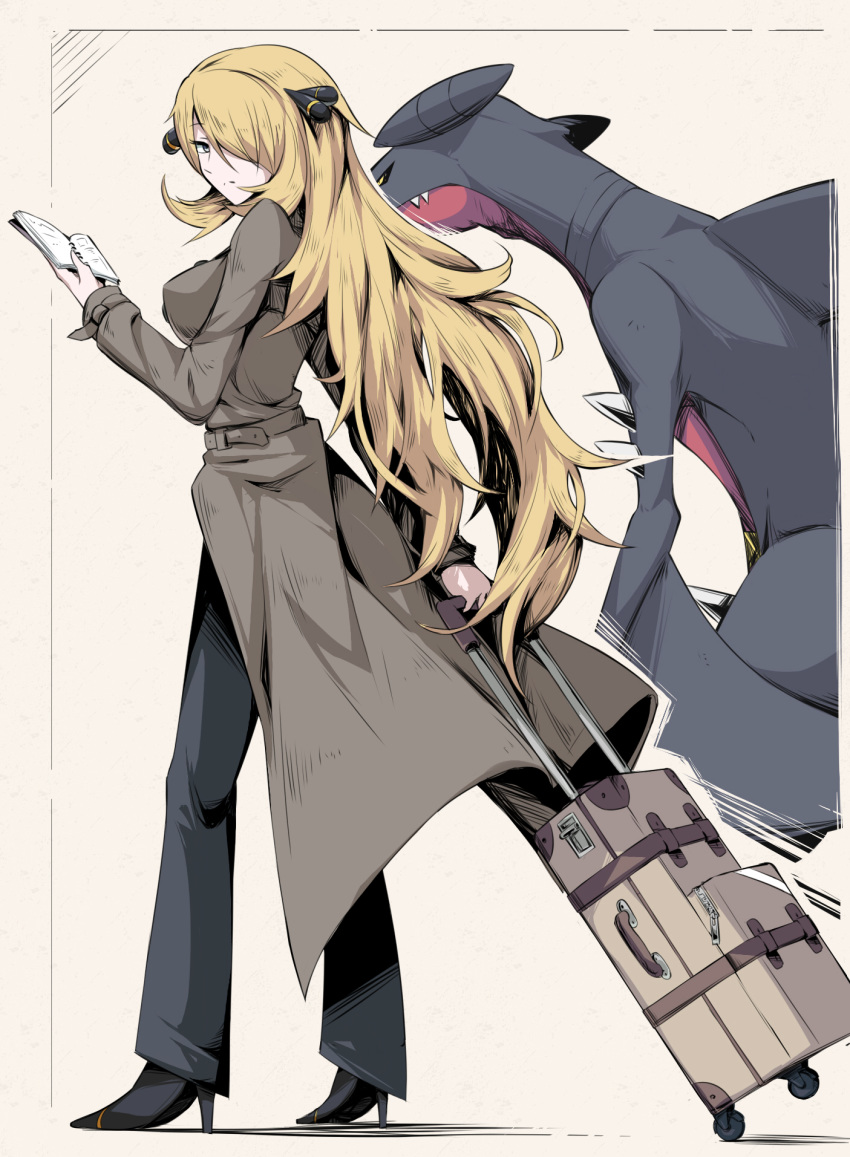 1girl alternate_costume black_footwear black_pants blonde_hair book breasts coat commentary_request full_body garchomp gen_4_pokemon grey_coat hair_ornament hair_over_one_eye high_heels highres holding holding_book holding_suitcase light_frown long_hair looking_at_viewer looking_to_the_side pants pokemon pokemon_(creature) pokemon_(game) pokemon_dppt shimure_(460) shirona_(pokemon) simple_background standing suitcase very_long_hair