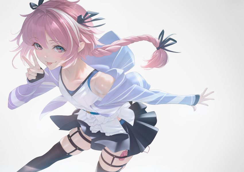 1boy astolfo_(fate) bangs bare_shoulders black_bow black_legwear black_skirt blush bow braid cable closed_mouth collarbone fate/apocrypha fate_(series) hair_bow hair_intakes highres hood hooded_jacket imizu_(nitro_unknown) jacket leaning_forward long_braid long_hair long_sleeves looking_at_viewer multicolored_hair off_shoulder open_clothes open_jacket otoko_no_ko pink_hair purple_eyes purple_jacket single_braid skirt smile streaked_hair thigh_strap thighhighs tongue v vibrator vibrator_in_thighhighs when_you_see_it white_camisole white_hair