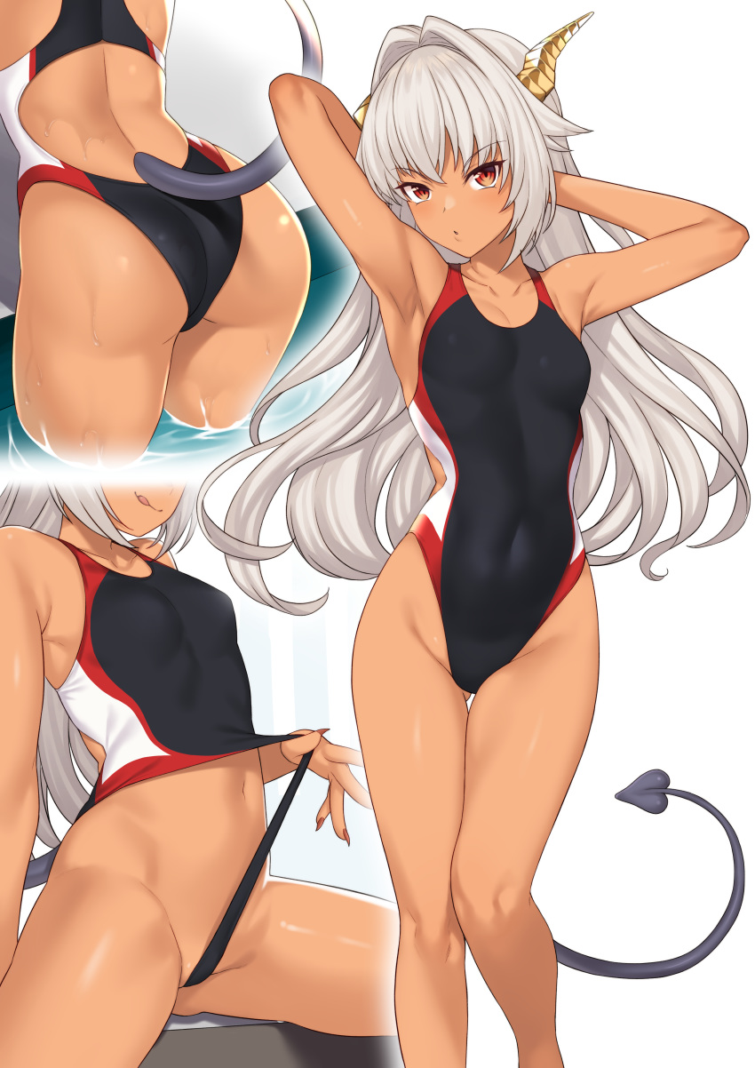 1girl absurdres armpits arms_up ass ass_visible_through_thighs bangs black_swimsuit blush breasts competition_swimsuit dark_skin dragon_girl dragon_horns dragon_tail enjou_kouhai_oshiego_wa_elf_ryuu_ningyo_jinrou eyebrows_visible_through_hair fingernails hair_intakes highleg highleg_swimsuit highres horns long_hair looking_at_viewer multiple_views nail_polish navel one-piece_swimsuit original pool red_eyes red_nails sharp_fingernails silver_hair simple_background sitting small_breasts smile spread_legs standing swimsuit tail takunomi thigh_gap ursula_(takunomi) water white_background