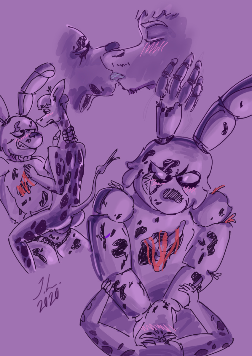 anal animatronic asphyxiation choking death digital_drawing_(artwork) digital_media_(artwork) five_nights_at_freddy's hi_res humanoid jameslewis kissing machine male male/male necrophilia original_charater purple_background robot simple_background sketch springtrap_(fnaf) video_games