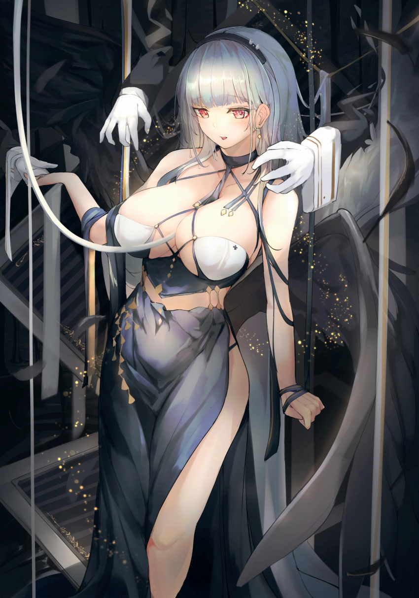 1girl azur_lane bangs bare_shoulders blunt_bangs blush breasts cleavage collarbone criss-cross_halter dido_(anxious_bisque_doll)_(azur_lane) dido_(azur_lane) disembodied_hands earrings halter_dress halterneck highres jewelry large_breasts long_hair looking_at_viewer multiple_hands purple_eyes side_slit thighs white_hair yusha_(m-gata)