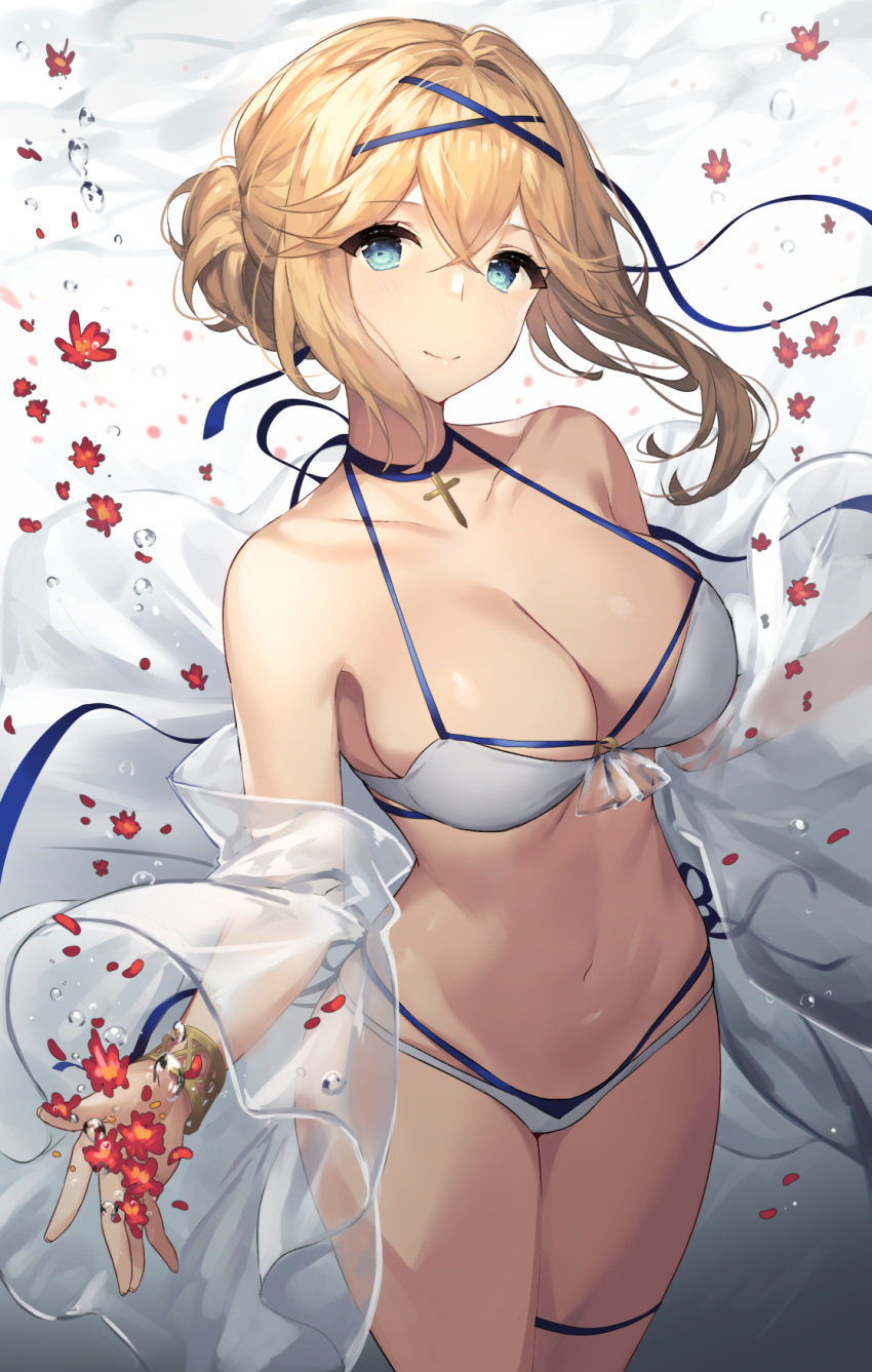 1girl air_bubble azur_lane bangs bare_shoulders bikini blonde_hair blue_choker blue_eyes blue_ribbon blush bracelet breasts bubble choker cleavage closed_mouth collarbone commentary_request cross_choker eyebrows_visible_through_hair flower hair_bun highres jeanne_d'arc_(azur_lane) jewelry large_breasts long_sleeves looking_at_viewer multi-strapped_bikini navel off_shoulder open_clothes petals red_flower ribbon see-through sidelocks smile solo stomach submerged swimsuit thigh_strap thighs touwa_nikuman underwater white_bikini wide_sleeves