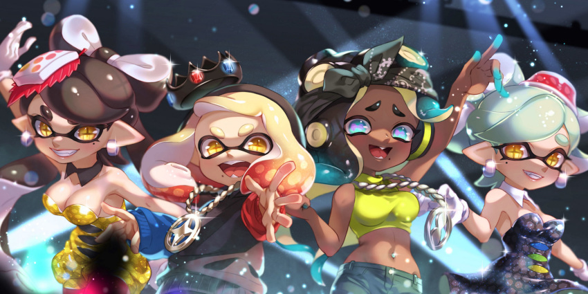 +_+ 4girls aori_(splatoon) aqua_hair aqua_skin arm_up bandana bangs black_collar black_dress black_hair black_headband black_headwear blunt_bangs blurry blurry_background breasts cephalopod_eyes chain_necklace cleavage collar commentary crop_top crown dark_skin depth_of_field detached_collar domino_mask dress earrings fangs food food_on_head gloves gradient_hair green_eyes green_hair green_shirt grey_hair headband highres hime_(splatoon) hotaru_(splatoon) iida_(splatoon) iria_(yumeirokingyo) jewelry light_particles long_hair long_sleeves looking_at_viewer mask medium_breasts midriff mole mole_under_eye multicolored multicolored_hair multicolored_skin multiple_girls navel object_on_head octarian open_mouth pink_pupils pointing pointing_up pointy_ears red_hair sharp_teeth shirt short_dress short_hair sleeveless sleeveless_shirt smile splatoon_(series) splatoon_1 splatoon_2 spotlight standing strapless strapless_dress suction_cups sushi sweater sweater_dress swept_bangs teeth tentacle_hair tied_hair tilted_headwear very_long_hair white_collar white_gloves white_hair wing_collar yellow_dress yellow_eyes