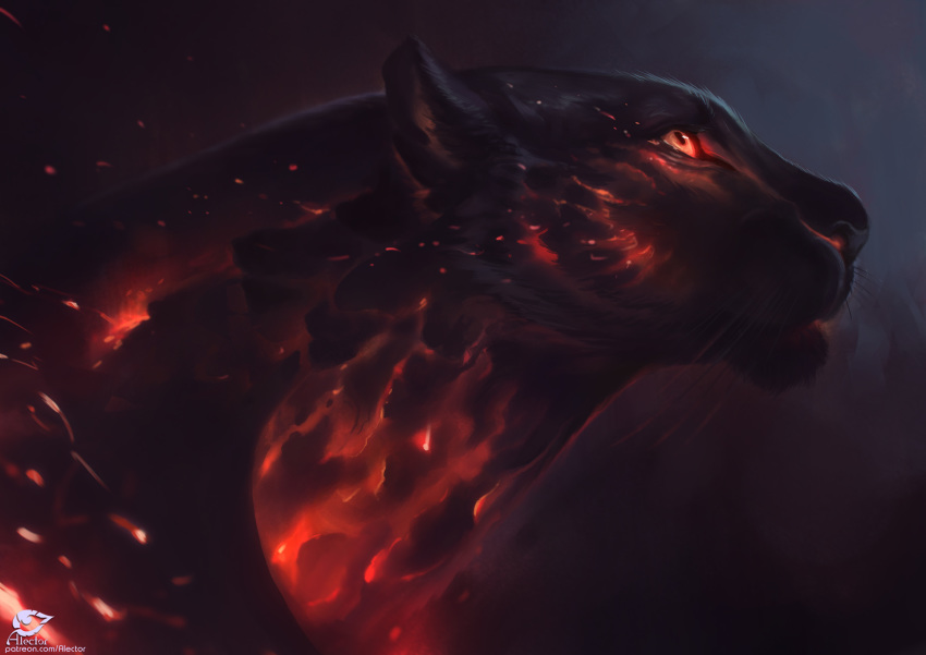 2020 alectorfencer ambiguous_gender black_body black_fur digital_media_(artwork) felid feral fire fur headshot_portrait hi_res mammal pantherine portrait red_eyes solo