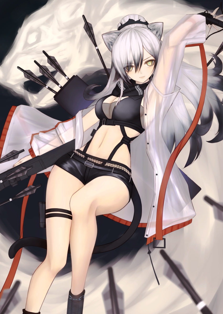 1girl animal_ears arknights arm_up arrow_(projectile) bandeau belt black_background black_shorts blurry bow_(weapon) breasts cat_ears cat_tail cleavage closed_mouth coat crossbow crossbow_bolts depth_of_field eyeshadow fingerless_gloves gloves green_pupils grey_hair highres long_hair looking_at_viewer makeup multicolored_hair off_shoulder open_clothes open_coat panther ponytail quiver scarf schwarz_(arknights) see-through short_shorts shorts single_fingerless_glove solo tactical_clothes tail thigh_strap thighs thomas_8000 tsurime two-tone_hair weapon yellow_eyes