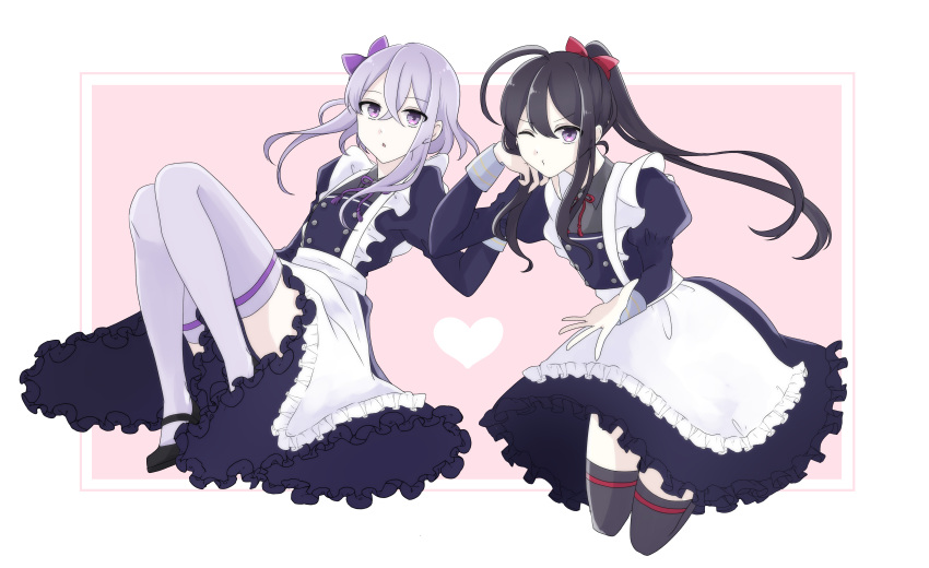 2boys absurdres adapted_costume alternate_costume apron black_hair black_legwear bow collared_shirt crossdressing dress enmaided hair_bow heart highres honebami_toushirou juliet_sleeves kimikage_(kmkg214) kiwame_(touken_ranbu) long_sleeves maid maid_apron maid_day male_focus multiple_boys namazuo_toushirou one_eye_closed otoko_no_ko ponytail puffy_sleeves purple_eyes shirt thighhighs touken_ranbu white_hair white_legwear