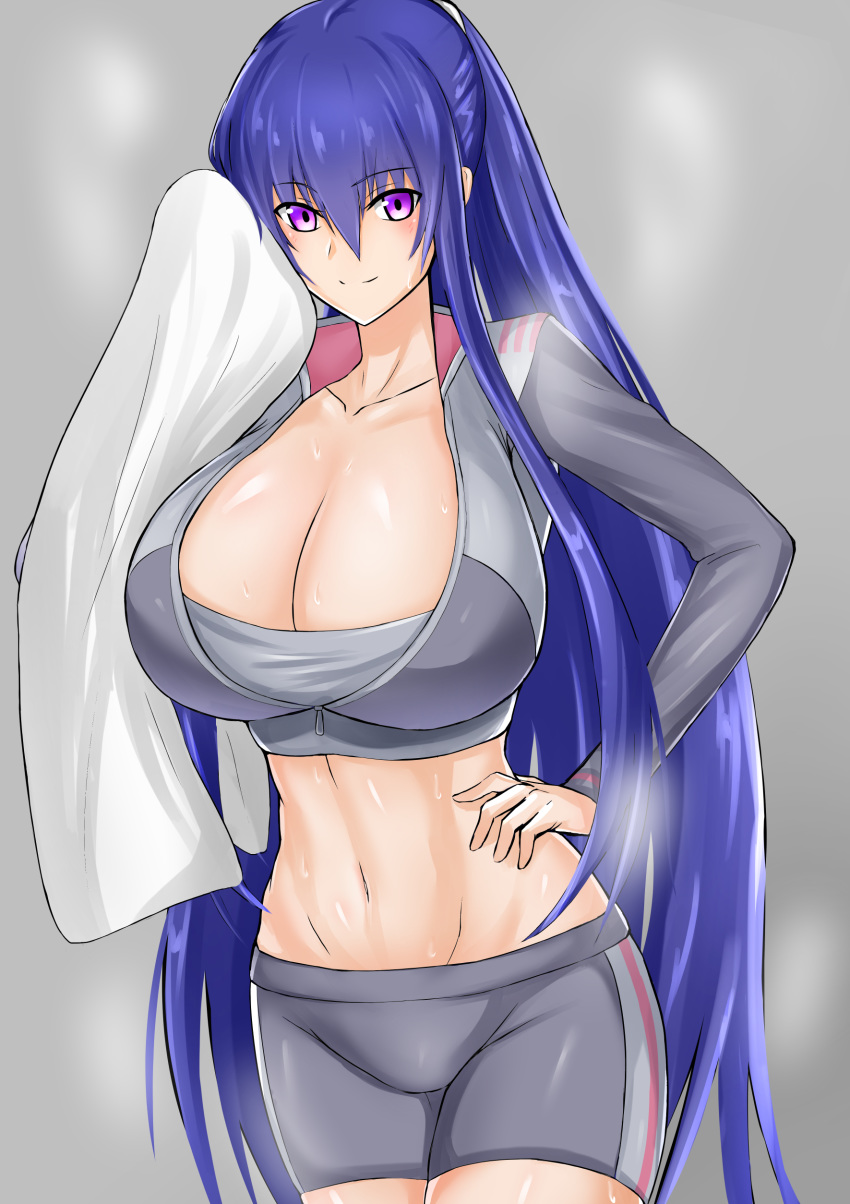 1girl absurdres akiyama_rinko blue_hair breasts cleavage cowboy_shot cropped_legs highres huge_breasts long_hair purple_eyes rekka_(alo4610) sidelocks smile sweat taimanin_(series) taimanin_asagi taimanin_rpgx taimanin_yukikaze thighs towel