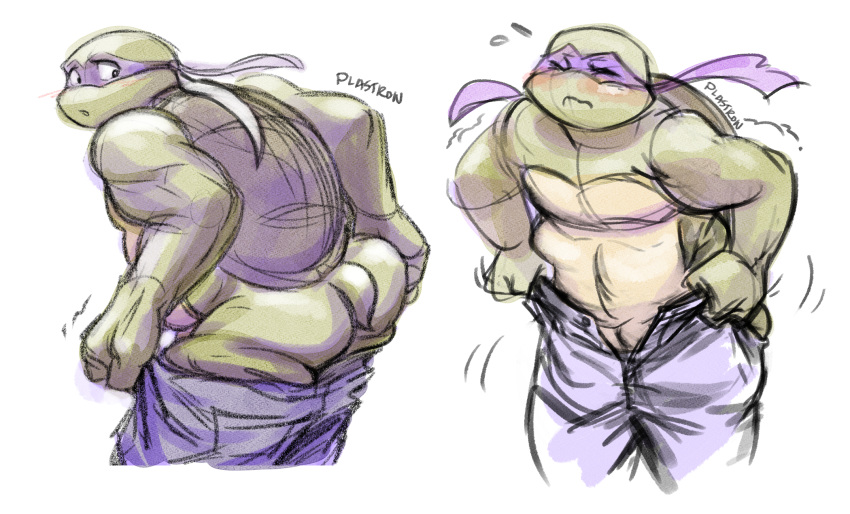 anthro big_butt blush bottomwear butt clothing donatello_(tmnt) embarrassed hi_res jeans male mask pants plastron reptile scalie slightly_chubby solo struggling teenage_mutant_ninja_turtles turtle