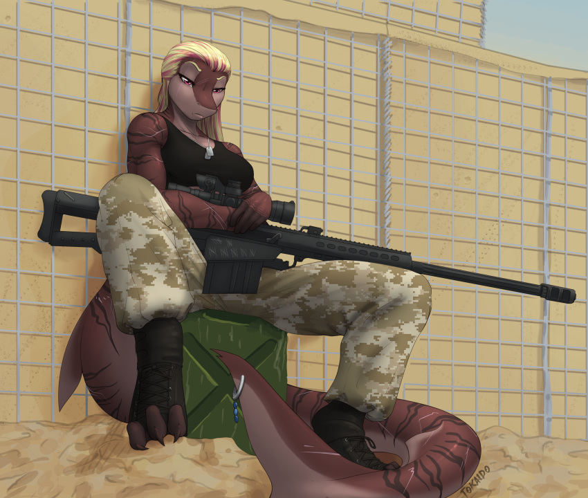 2016 3_toes absurd_res anthro blonde_hair bottomwear brown_body brown_skin claws clothed clothing detailed_background digital_media_(artwork) female fish hair hi_res kalie klenerschluchti marine military pants piercing ranged_weapon requiem_shark scar shark solo stripes tiger_shark toes tokaido weapon