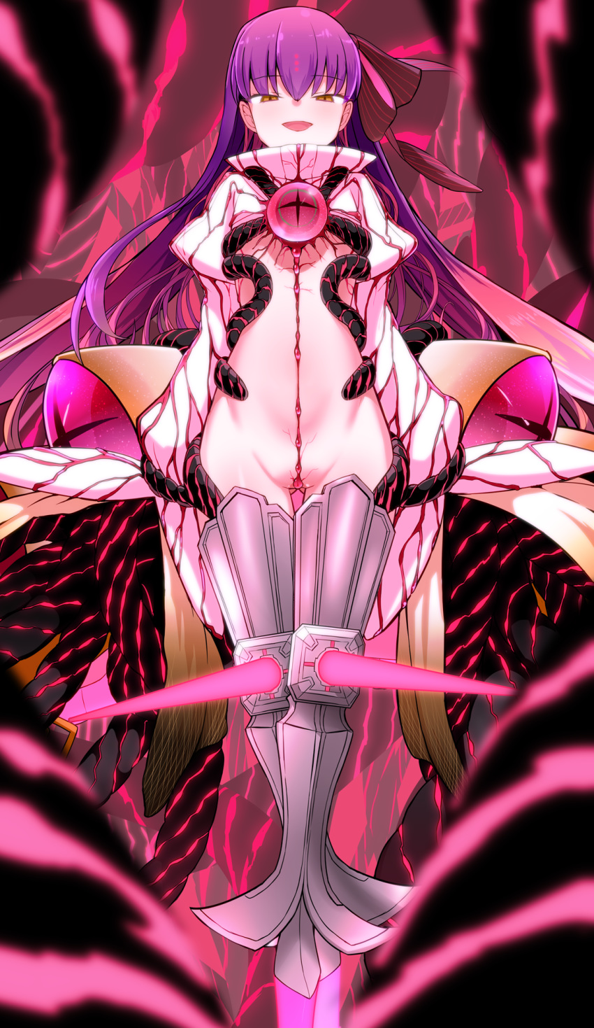 1girl armored_boots bad_end boots demon_pillar_(fate/grand_order) extra_eyes facial_mark fate/extra fate/extra_ccc fate/grand_order fate_(series) forehead_mark greaves hasai_(mekkan) highres meltryllis possessed prosthesis prosthetic_leg purple_hair revealing_clothes sesshouin_kiara sleeves_past_wrists smile solo tentacles what_if yellow_eyes