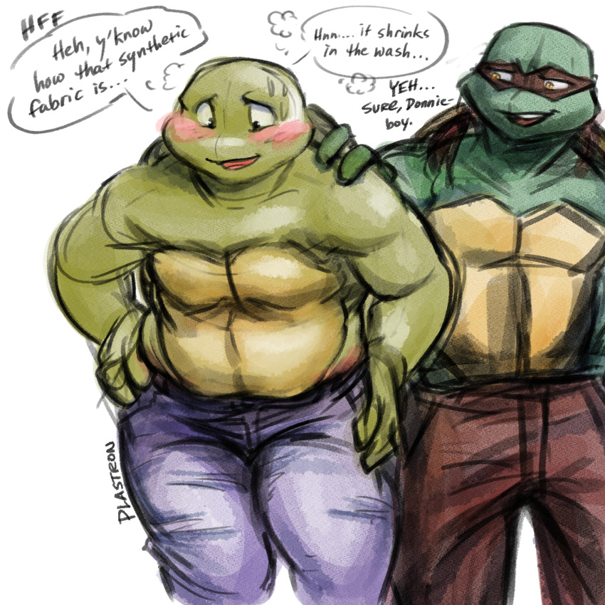 1:1 anthro blush bottomwear clothing donatello_(tmnt) duo embarrassed english_text hi_res jeans male mask pants plastron raphael_(tmnt) reptile scalie slightly_chubby teenage_mutant_ninja_turtles text turtle