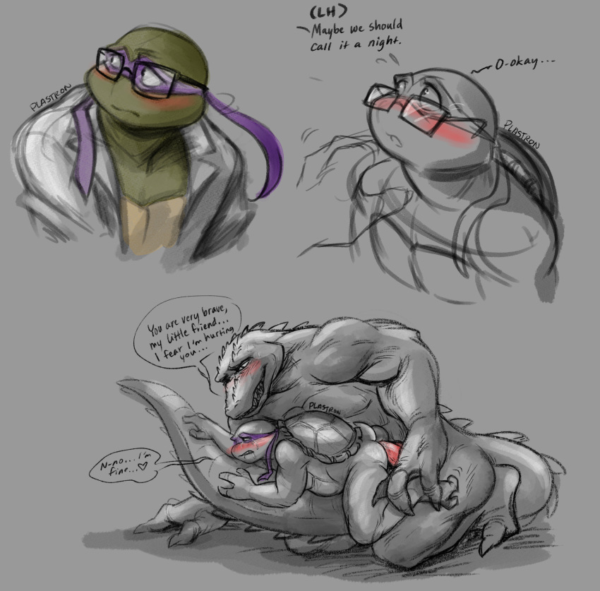 anal anthro blush clothing coat crocodile crocodilian crocodylid donatello_(tmnt) duo english_text erection eyewear genitals glasses hi_res lab_coat leatherhead male male/male mask muscular muscular_male penis plastron reptile scalie sex size_difference teenage_mutant_ninja_turtles text topwear turtle