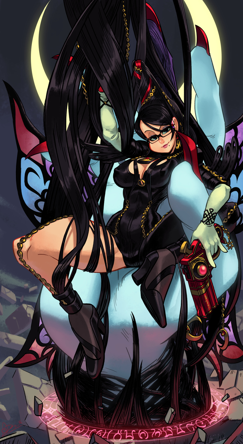 1girl absurdres alex_ahad amulet bayonetta bayonetta_(character) beehive_hairdo black_bodysuit black_hair blue_eyes bodysuit breasts cleavage cleavage_cutout colorized covered_nipples disembodied_hands eyelashes full_body glasses gun handgun high_heels highres holding holding_gun holding_weapon large_breasts madama_butterfly magic_circle mole mole_under_mouth over-rim_eyewear paid_reward patreon_reward pinky_out semi-rimless_eyewear sitting sitting_on_hand size_difference solo_focus source_request trigger_discipline weapon wide_spread_legs