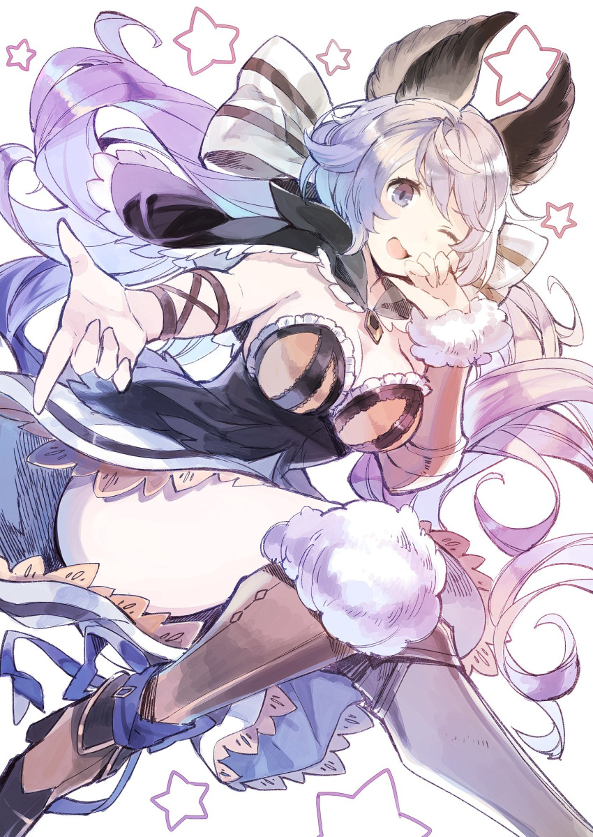 1girl ;d animal_ears bangs black_capelet blush boots breasts brown_footwear capelet cleavage feet_out_of_frame fur_trim granblue_fantasy hair_between_eyes hanokage highres large_breasts long_hair looking_at_viewer low_twintails one_eye_closed open_mouth purple_eyes purple_hair ribbon satyr_(granblue_fantasy) simple_background smile solo star_(symbol) twintails very_long_hair white_background