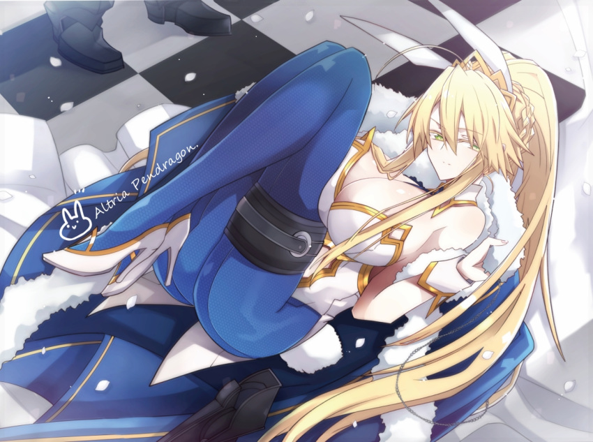 1boy 1girl agravain_(fate/grand_order) ahoge animal_ears artoria_pendragon_(all) artoria_pendragon_(swimsuit_ruler)_(fate) bangs bare_shoulders blonde_hair blue_cape blue_legwear braid breasts bunny_ears bunnysuit cape character_name checkered checkered_floor cleavage closed_mouth detached_collar fate/grand_order fate_(series) feather_boa fishnet_legwear fishnets french_braid fur-trimmed_cape fur_trim green_eyes hair_between_eyes high_heels highleg highleg_leotard holster large_breasts legs legs_up leotard light_smile long_hair looking_at_viewer lying nogi_(acclima) on_back out_of_frame ponytail sidelocks solo_focus thigh_strap tiara white_footwear white_leotard wrist_cuffs