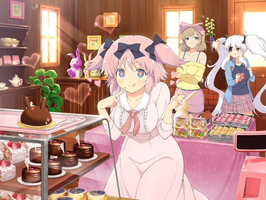 3girls animal_ears bag bangs black_ribbon blonde_hair blue_eyes blue_jacket blue_shirt blush bow breasts brick_wall bunny bunny_ears cafe cash_register chocolate cleavage clenched_teeth cup door dress eyepatch finger_to_mouth frame frills green_eyes hair_bow hair_ornament hair_ribbon handbag haruka_(senran_kagura) heart hibari_(senran_kagura) highres huge_breasts jacket large_breasts long_dress long_hair looking_at_viewer mug multiple_girls official_art photo_(object) pink_dress pink_hair pink_skirt plaid plaid_skirt plant potted_plant red_eyes red_neckwear ribbon senran_kagura senran_kagura_new_link shirt short_hair short_twintails shortcake shuriken skirt smile spaghetti_strap sparkle stuffed_animal stuffed_bunny stuffed_toy surprised symbol-shaped_pupils table teapot teeth tongue tongue_out twintails white_hair window wooden_door yaegashi_nan yagyuu_(senran_kagura) yellow_shirt