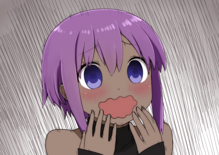 1girl bangs bare_shoulders blush dark_skin eyebrows_visible_through_hair fate/prototype fate/prototype:_fragments_of_blue_and_silver fate_(series) hair_between_eyes hands_up hassan_of_serenity_(fate) highres i.u.y open_mouth purple_eyes purple_hair solo speed_lines upper_body wavy_mouth